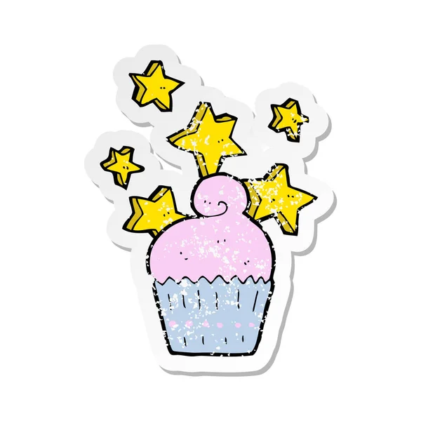 Pegatina Retro Angustiado Cupcake Mágico Dibujos Animados — Vector de stock