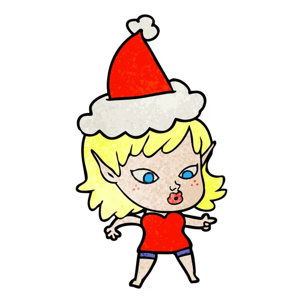 Jolie bande dessinée texturée d'une fille elfe portant un chapeau de Père Noël — Image vectorielle