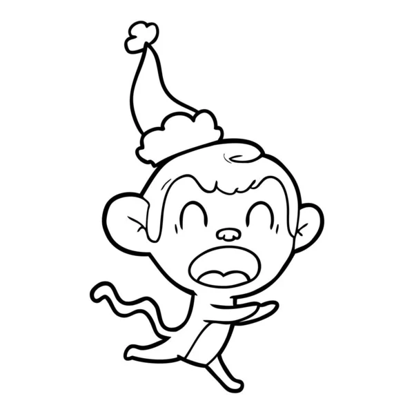 Shouting Hand Drawn Line Drawing Monkey Wearing Santa Hat — Stock Vector