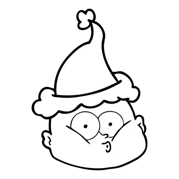 Hand Drawn Line Drawing Curious Bald Man Wearing Santa Hat — Stock Vector