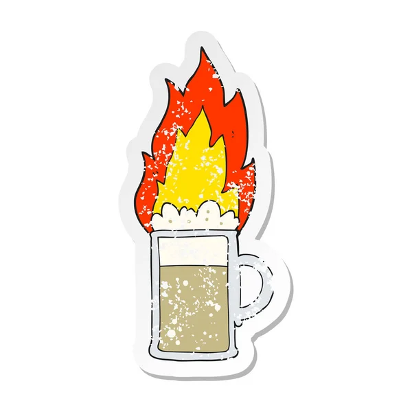 Retro Distressed Sticker Cartoon Flaming Tankard Beer — Stock Vector