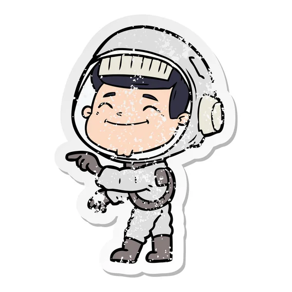 Distressed Sticker Happy Cartoon Astronaut — Stock Vector