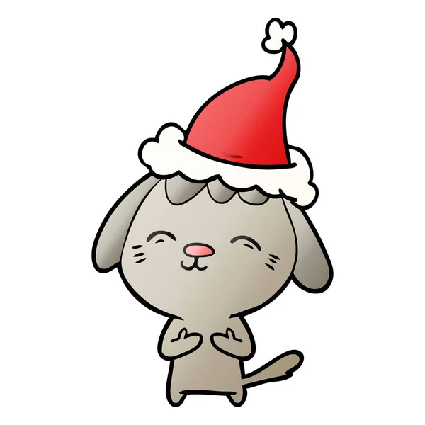 Glückliche Handgezeichnete Gradienten Karikatur Eines Hundes Mit Weihnachtsmütze — Stockvektor