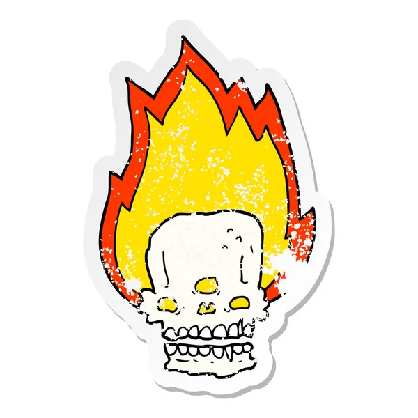 Verontruste Sticker Van Een Spooky Cartoon Flaming Skull — Stockvector