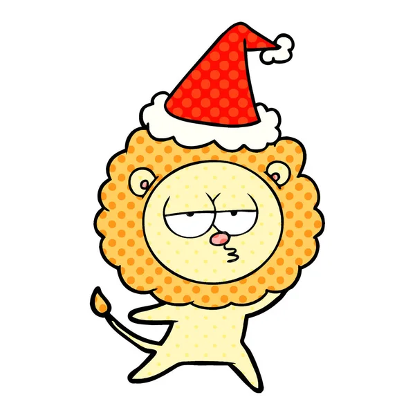 Hand Drawn Comic Book Style Illustration Bored Lion Wearing Santa — Stock Vector