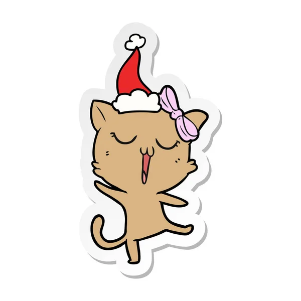 Handgezeichnete Sticker Karikatur Einer Katze Mit Weihnachtsmütze — Stockvektor