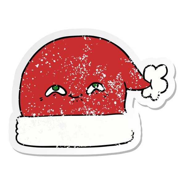 Autocollant en détresse d'un chapeau de Noël santa dessin animé — Image vectorielle