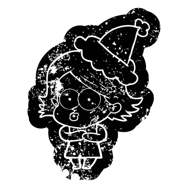 Bizarní Kreslených Zoufalý Ikony Dívky Našpulené Nosit Klobouk Santa — Stockový vektor