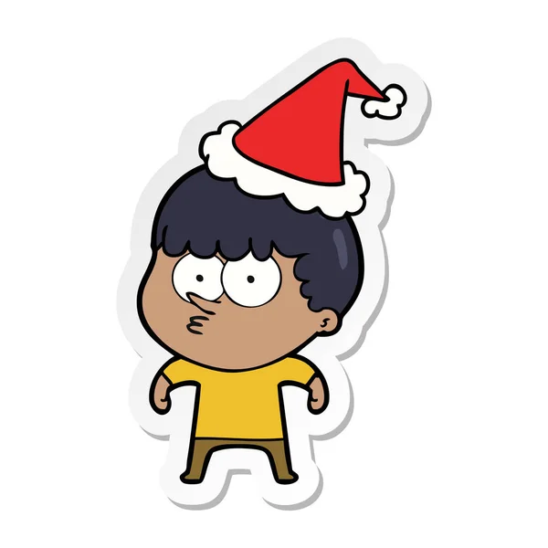 Hand Drawn Sticker Cartoon Curious Boy Wearing Santa Hat — Stock Vector