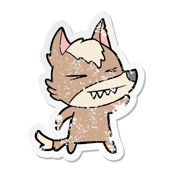 Distressed Sticker Angry Wolf Cartoon — Stock Vector