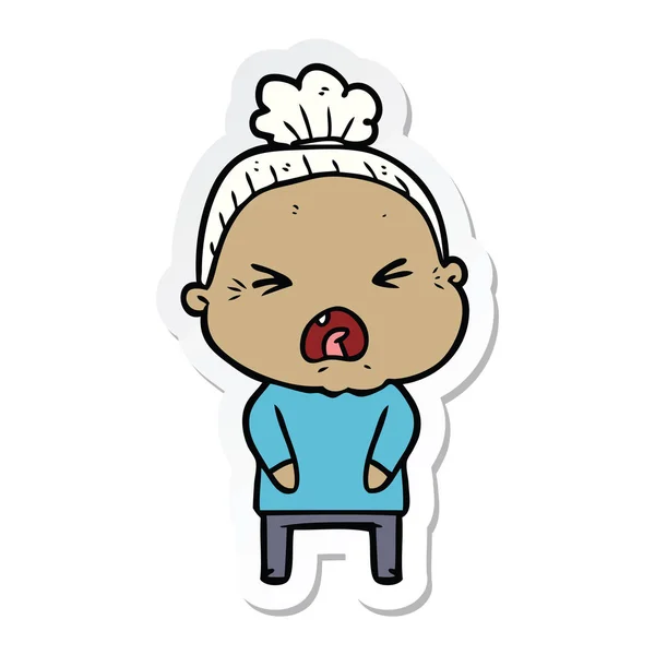 Sticker of a cartoon angry old woman — Stock Vector
