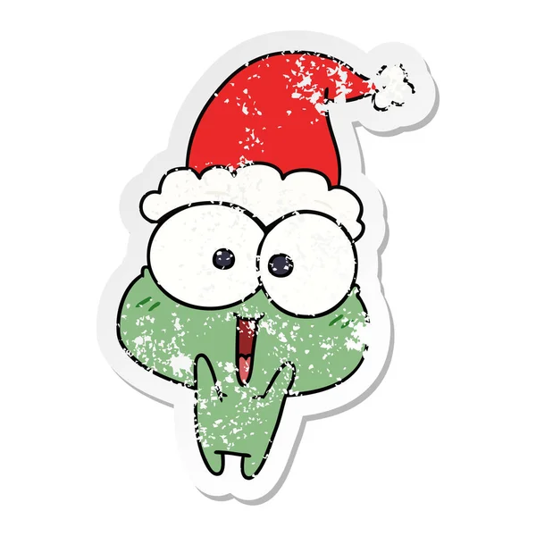 Christmas distressed sticker cartoon von kawaii frog — Stockvektor