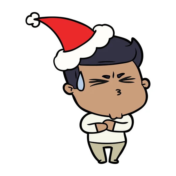 Noel Baba şapkası giyen hayal kırıklığına uğramış bir adam çizgi çizme — Stok Vektör