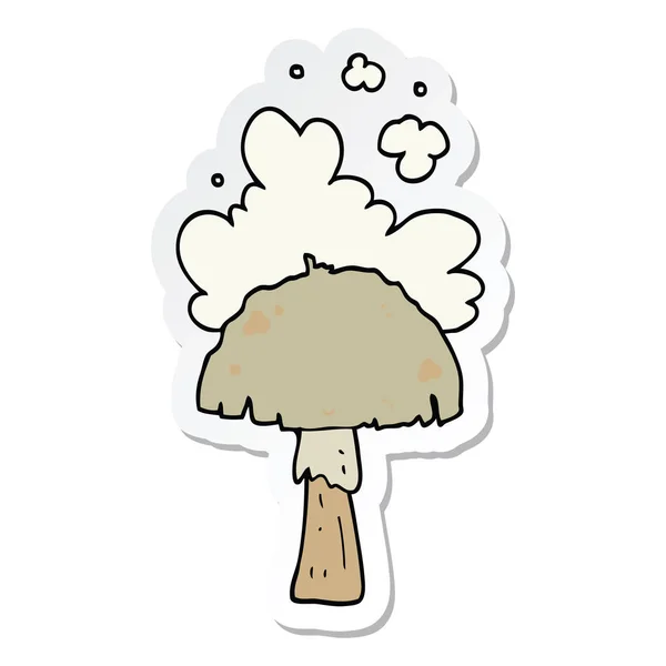 Adesivo di un fungo dei cartoni animati con nuvola di spore — Vettoriale Stock