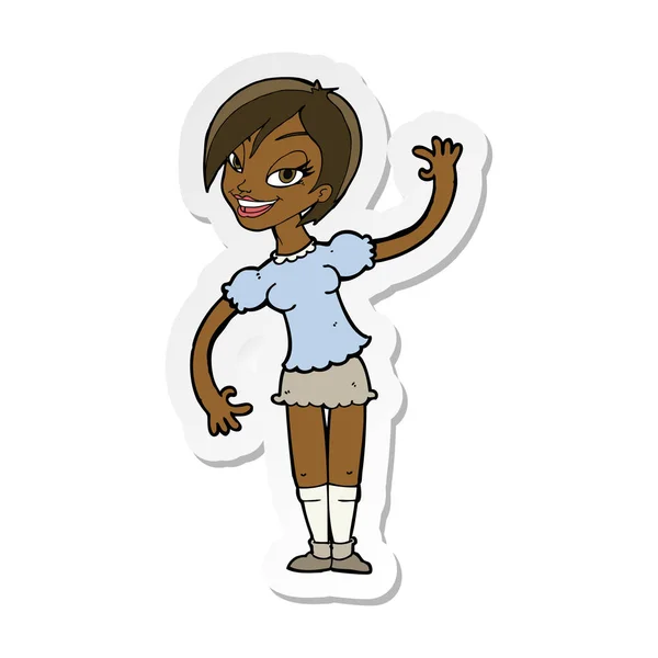 Sticker of a cartoon girl waving — Stock Vector