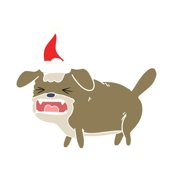 Ilustración a color plano de un perro ladrando con sombrero de santa — Vector de stock