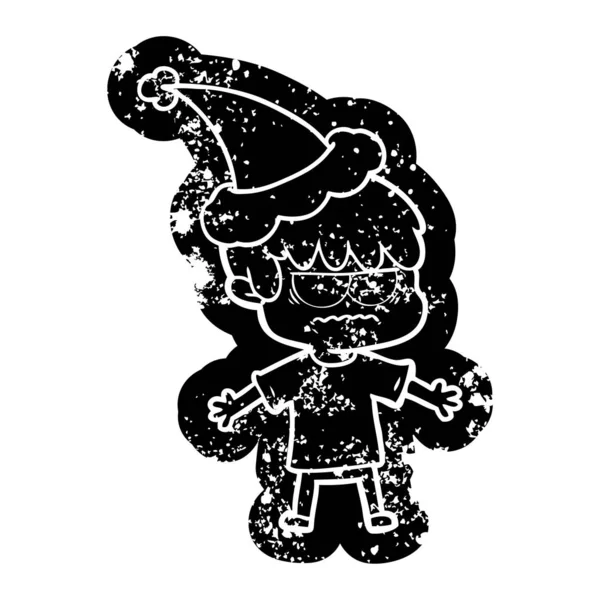 イライラの風変わりな漫画不良サンタ帽子をかぶっている男の子のアイコン — ストックベクタ