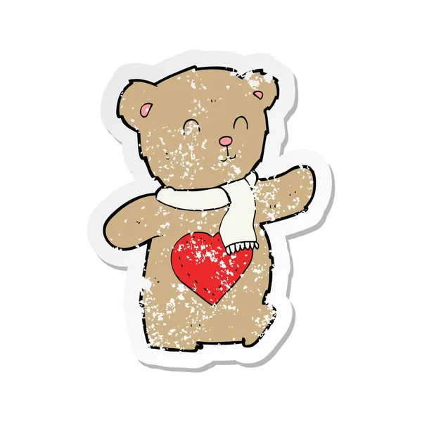 Retro Distressed Sticker Cartoon Teddy Bear Love Heart — Stock Vector