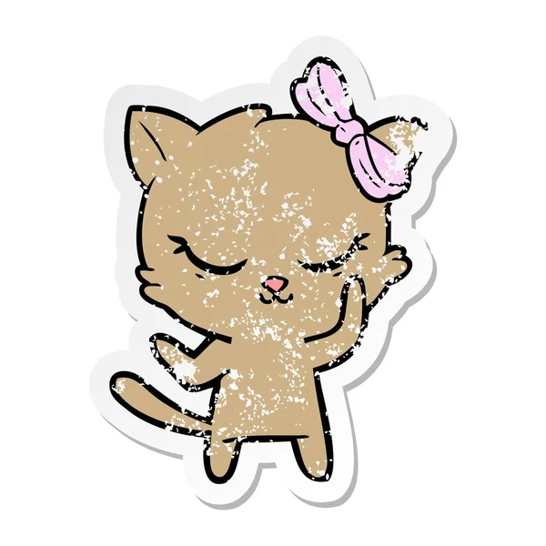 一个可爱的卡通猫与弓苦恼的贴纸 — 图库矢量图片