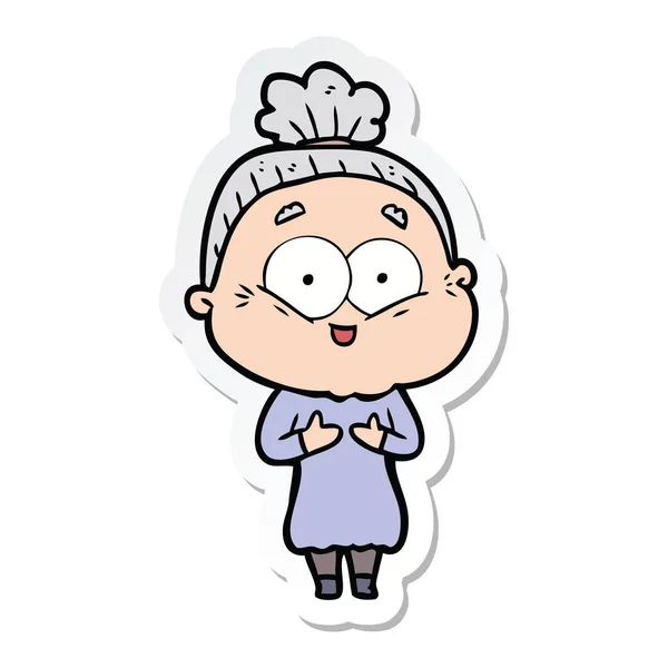 Sticker van een cartoon gelukkig oude vrouw — Stockvector