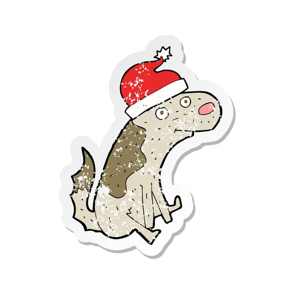 Pegatina Retro Angustiado Perro Dibujos Animados Sombrero Navidad — Vector de stock