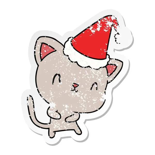 손으로 귀여운 고양이의 크리스마스 고민된 스티커 — 스톡 벡터