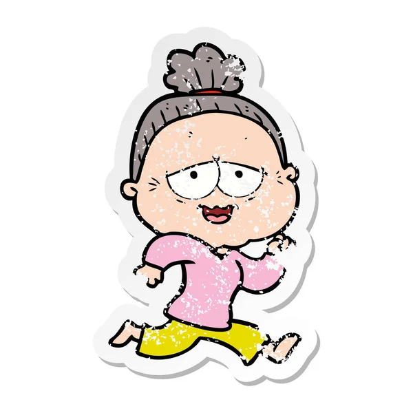 Verontruste sticker van een cartoon gelukkig oude dame — Stockvector