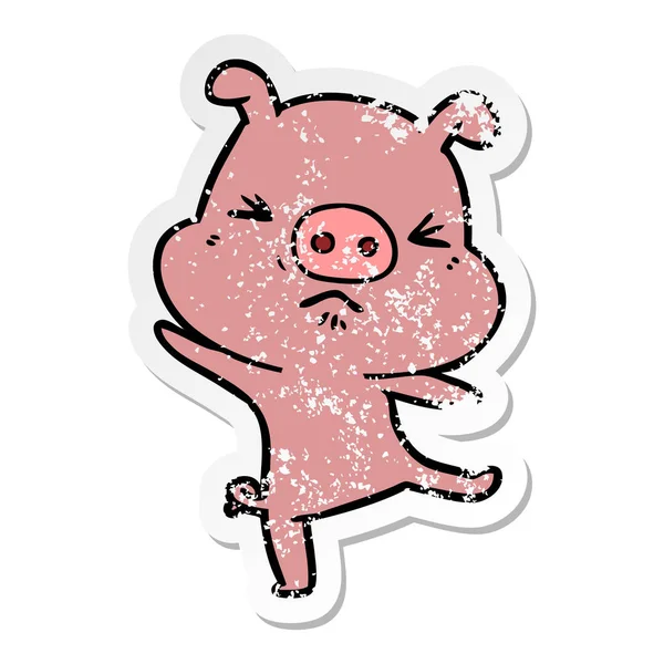 Autocollant Affligé Cochon Furieux Dessin Animé — Image vectorielle