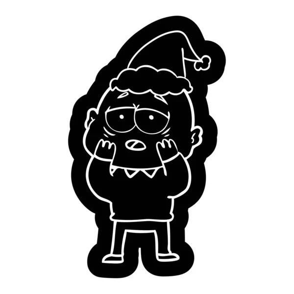卡通图标一个疲惫的秃头男子戴圣诞老人的帽子 — 图库矢量图片