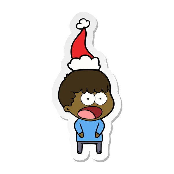 Handgezeichnete Sticker Karikatur Eines Schockierten Mannes Mit Weihnachtsmütze — Stockvektor