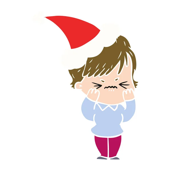 Ručně Tažené Ploché Barevné Ilustrace Frustrovaný Ženy Nosit Klobouk Santa — Stockový vektor