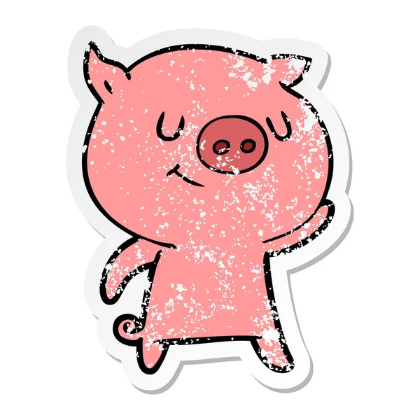 Autocollant de détresse d'un cochon de dessin animé heureux — Image vectorielle