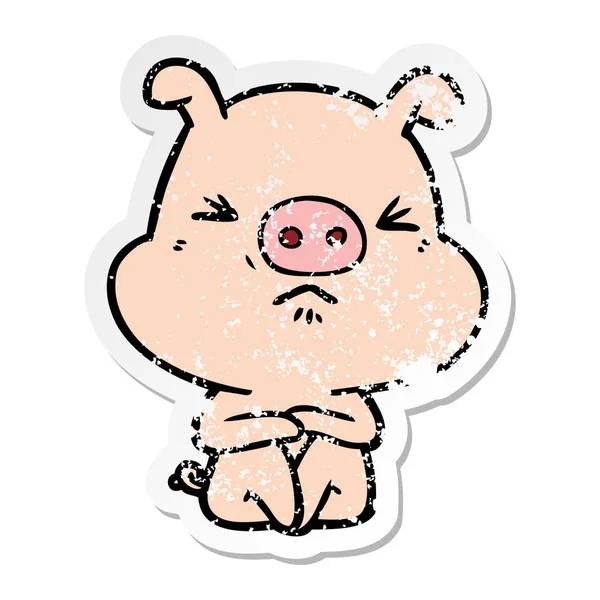 Distressed Sticker Cartoon Angry Pig Sat Waiting — Stock Vector