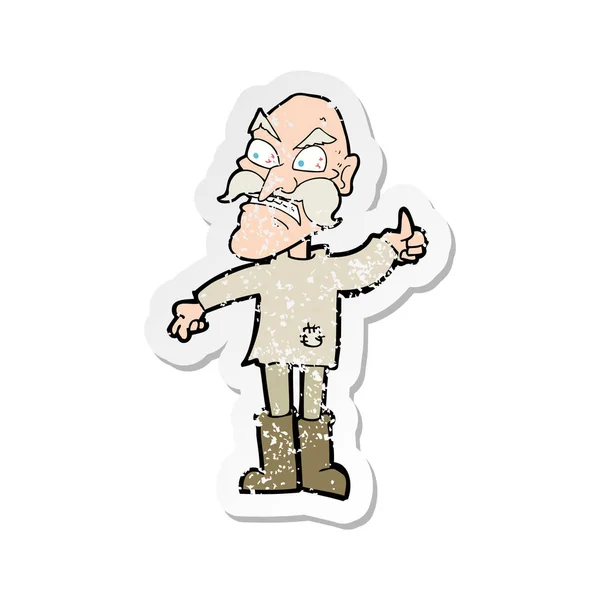 Retro Sıkıntılı Etiket Bir Karikatür Kızgın Yaşlı Adamın Yamalı Giyim — Stok Vektör