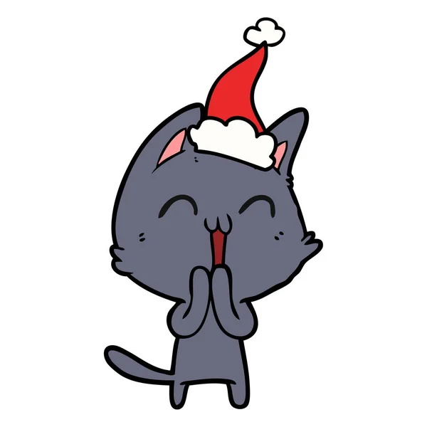 Desenho de linha feliz de um gato usando chapéu de santa —  Vetores de Stock