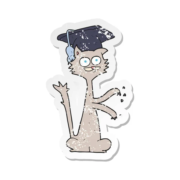 Retro distressed sticker of a cartoon cat with graduation cap — Stock Vector