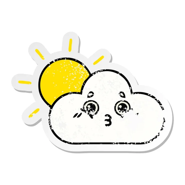 Distressed Sticker Cute Cartoon Sun Cloud — Stock Vector