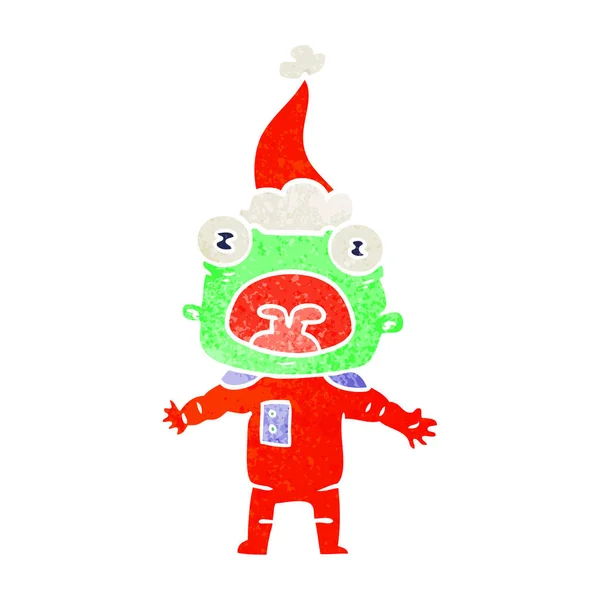 이상한 외계인 입고 산타 모자 통신의 레트로 만화 — 스톡 벡터