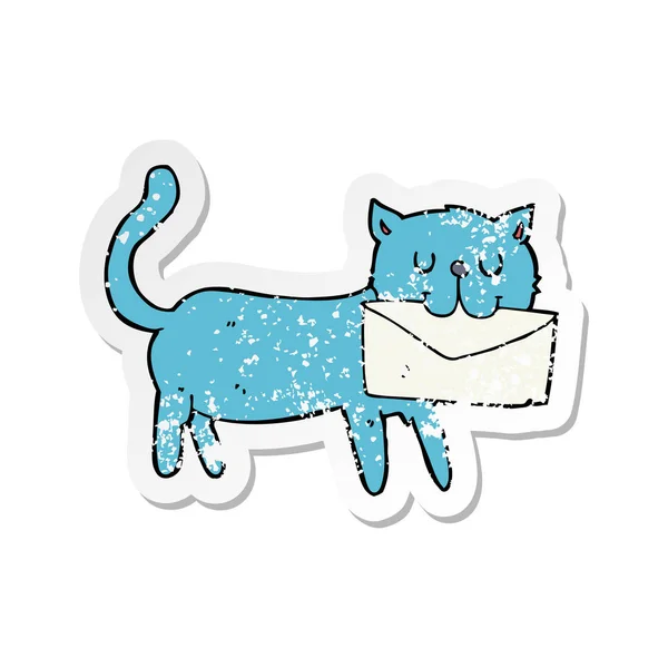 Autocollant rétro affligé d'un chat dessin animé portant une lettre — Image vectorielle