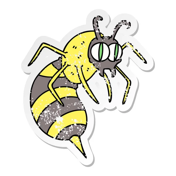 Verontruste sticker van een eigenzinnige hand getrokken cartoon wasp — Stockvector