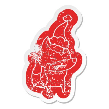 Noel Baba şapkası giyen diş gösterilen kurt ilginç karikatür sıkıntılı etiket