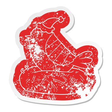 ilginç karikatür sıkıntılı etiket oturan bir kuş yuva giyen Noel Baba şapkası