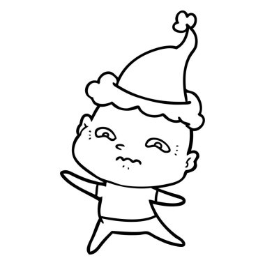 Noel Baba şapkası giyen bir gergin adam çizgi çizme