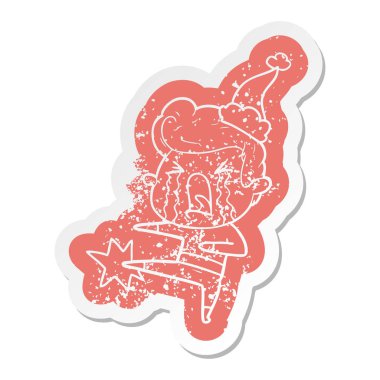 Noel Baba şapkası giyen bir ağlayan adam ilginç karikatür sıkıntılı etiket