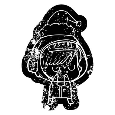 Noel Baba şapkası giyen bir astronot kadın ilginç karikatür sıkıntılı simgesi