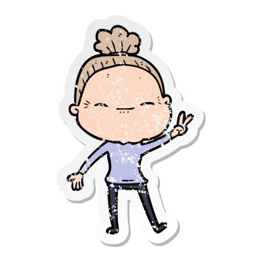 bir çizgi film huzurlu yaşlı kadının sıkıntılı etiket