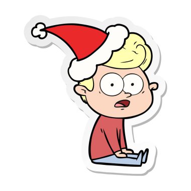 etiket karikatür Noel Baba şapkası giyen bakan bir adamın el çekilmiş