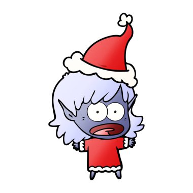 Noel Baba şapkası giyen bir şok elf kızın degrade çizgi film el çekilmiş