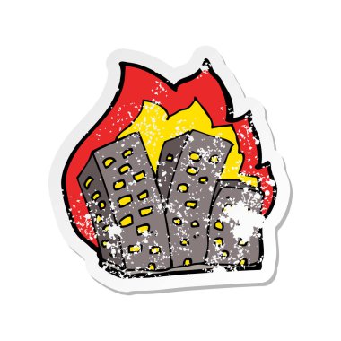 Retro sıkıntılı etiket binaları yanan bir karikatür