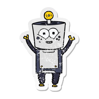 Merhaba sallayarak bir mutlu karikatür robot sıkıntılı etiket